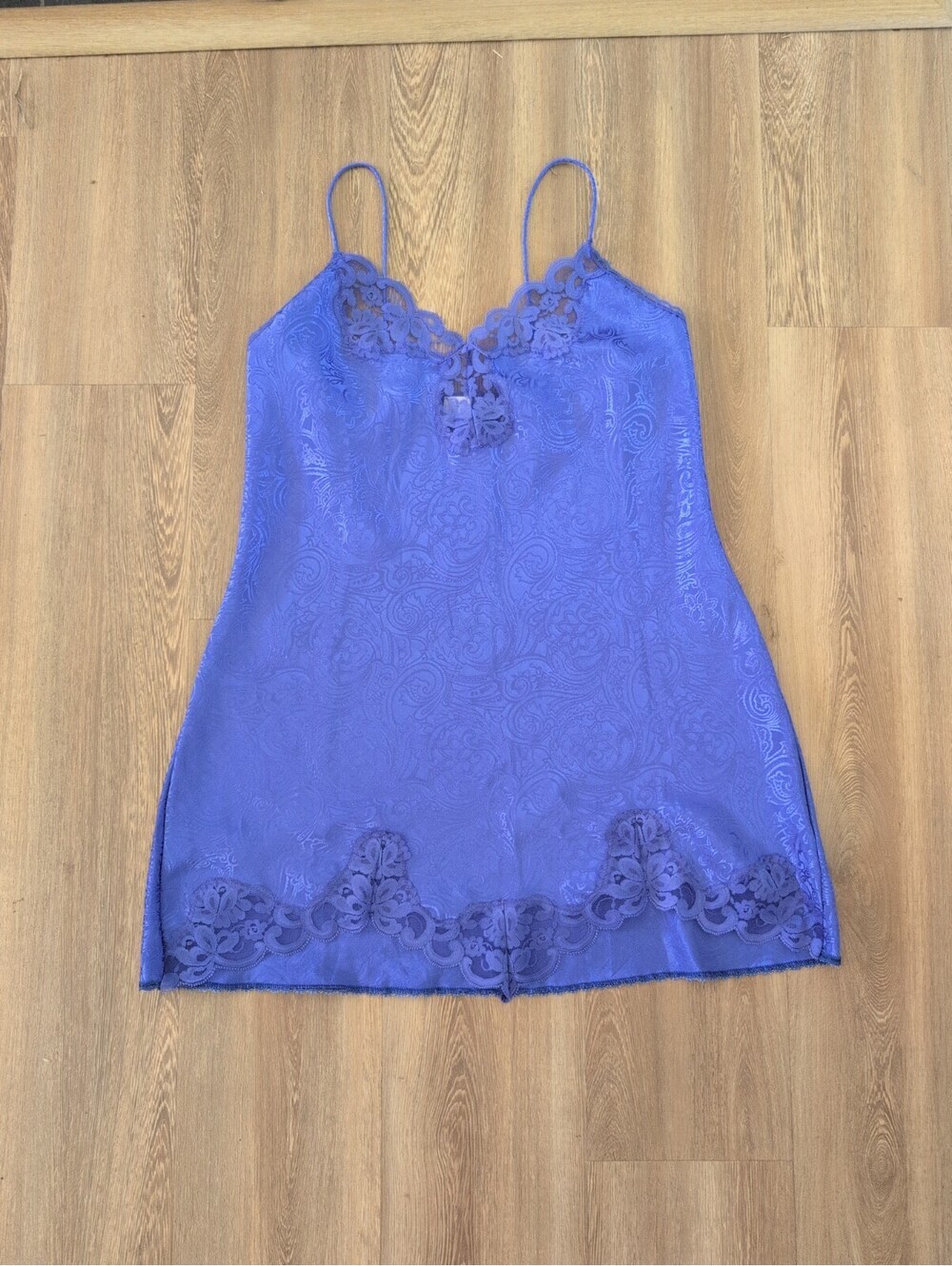 Vtg Val Mode Slip Dress Nightgown L Purple Satin Lace Chemise Lingerie 80s USA